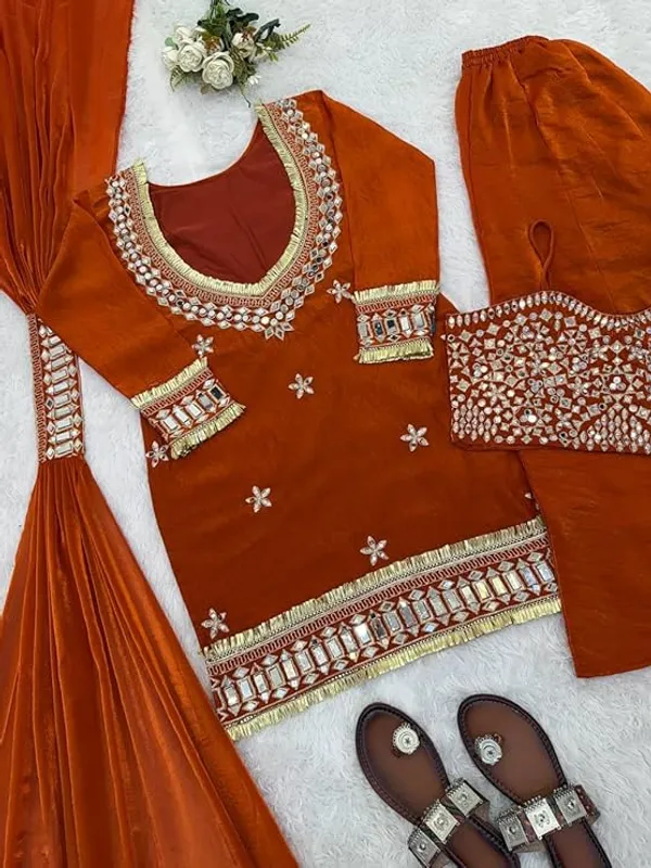 Rust_Orange_Fendi_Silk_Real_Mirror_Work_Designer_Sharara_Set_For_Women
