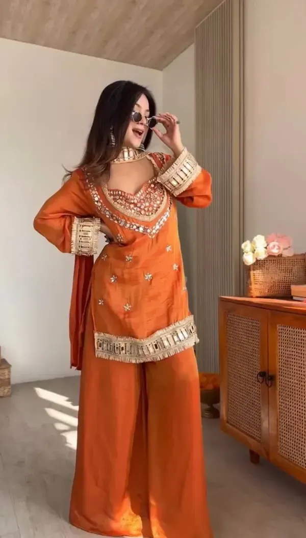 Rust_Orange_Fendi_Silk_Real_Mirror_Work_Designer_Sharara_Set_For_Women