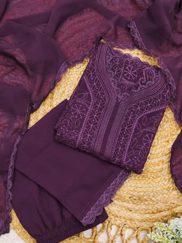 Wine_Georgette_Chikankari_Embroidery_Kurta_With_Pant_Dupatta_For_Women
