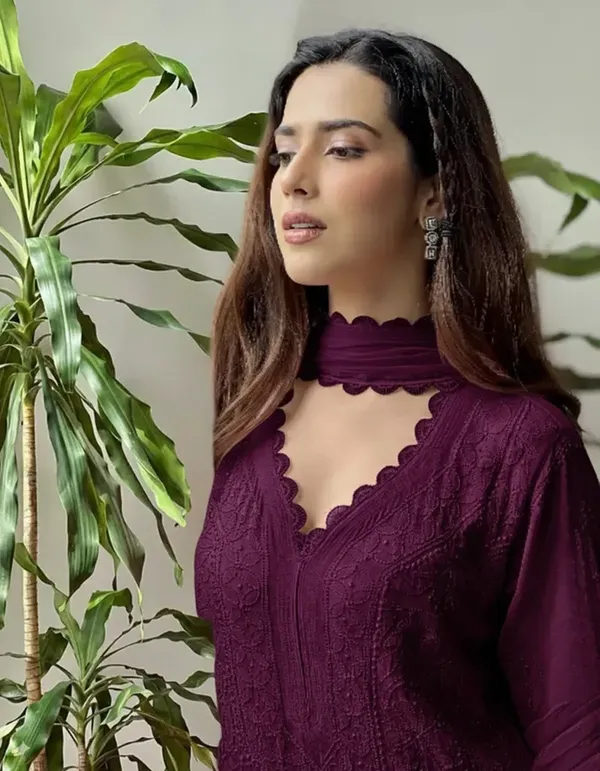 Wine_Georgette_Chikankari_Embroidery_Kurta_With_Pant_Dupatta_For_Women