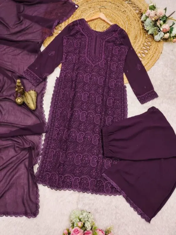 Wine_Georgette_Chikankari_Embroidery_Kurta_With_Pant_Dupatta_For_Women