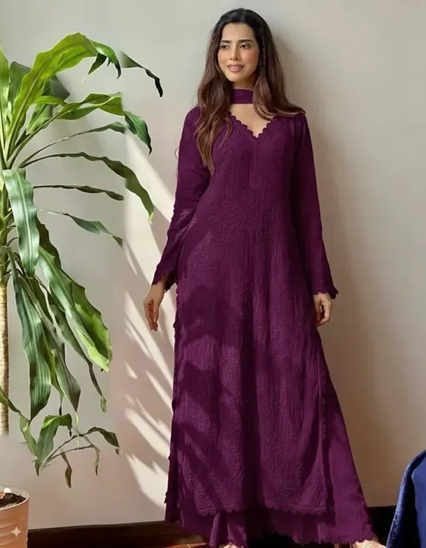 Wine_Georgette_Chikankari_Embroidery_Kurta_With_Pant_Dupatta_For_Women
