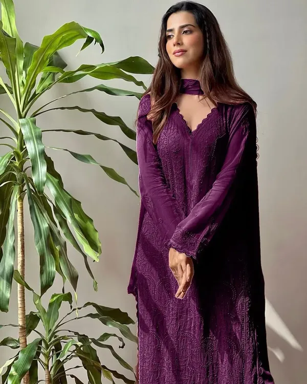 Wine_Georgette_Chikankari_Embroidery_Kurta_With_Pant_Dupatta_For_Women