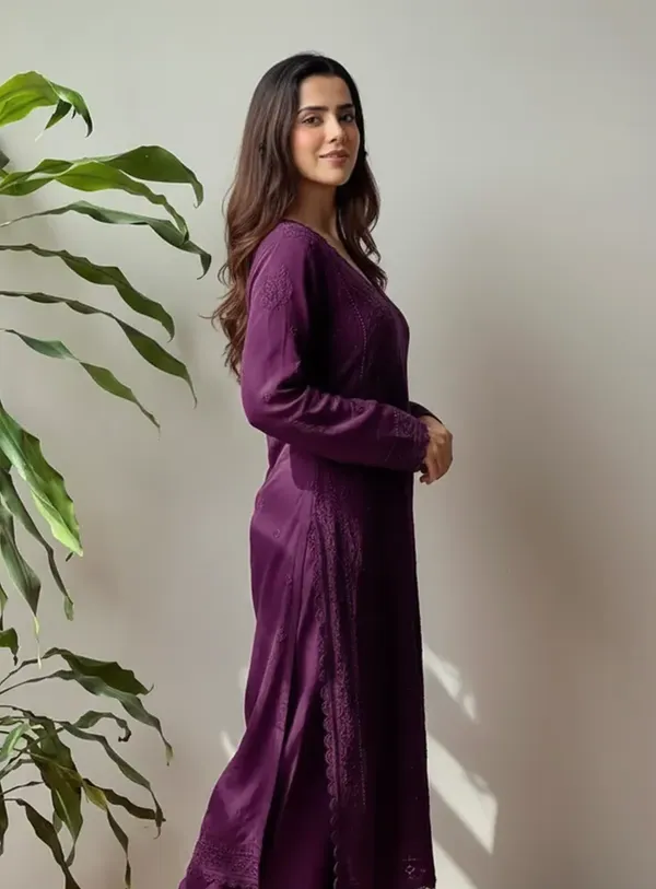 Wine_Georgette_Chikankari_Embroidery_Kurta_With_Pant_Dupatta_For_Women