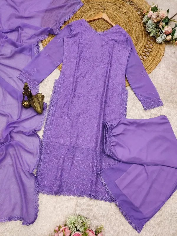 Lavender_Georgette_Chikankari_Embroidery_Kurta_With_Pant_Dupatta_For_Women