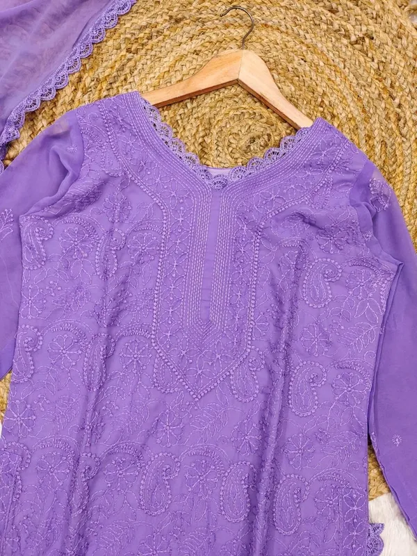 Lavender_Georgette_Chikankari_Embroidery_Kurta_With_Pant_Dupatta_For_Women