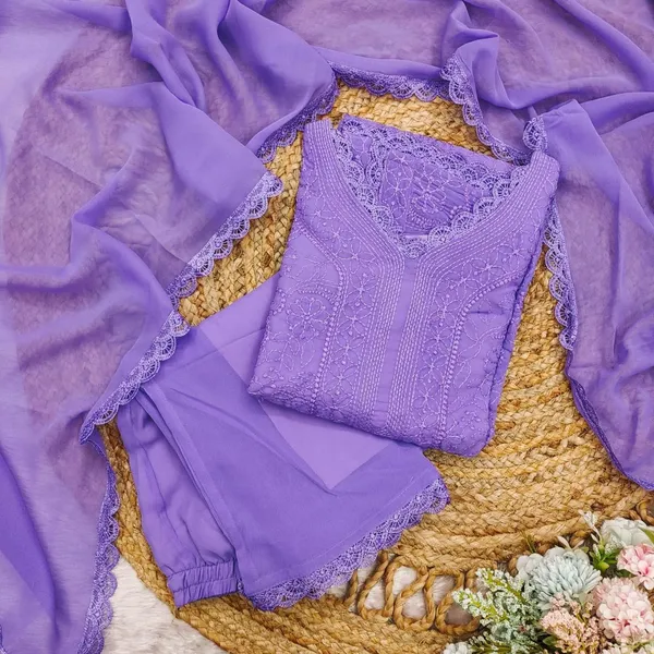 Lavender_Georgette_Chikankari_Embroidery_Kurta_With_Pant_Dupatta_For_Women