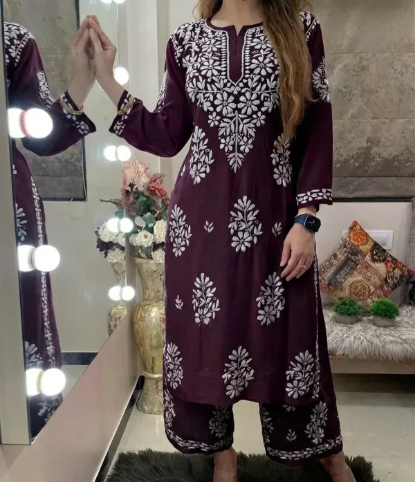 Wine_Rayon_Cotton_Chikankari_Embroidery_Kurta_With_Palazzo_For_Women