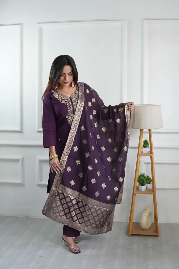 Wine_Elegant_Embroidered_Roman_Silk_Kurta_With_Pant_Dupatta_For_Women