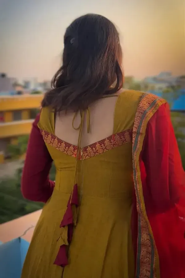 Olive_Mustard_Vichitra_Silk_Jacquard_Woven_Anarkali_Kurta_With_Soft_Net_Dupatta_For_Women