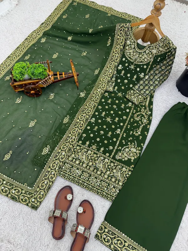 Dark_Green_Heavy_Embroidered_Party_Wear_Kurta_With_Palazzo_Dupatta_For_Women