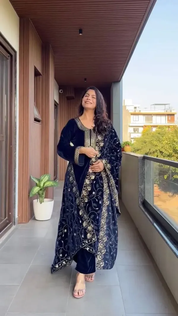 Blue_Midnight_Velvet_Elegance_Embroidered_Kurta_Set_For_Women