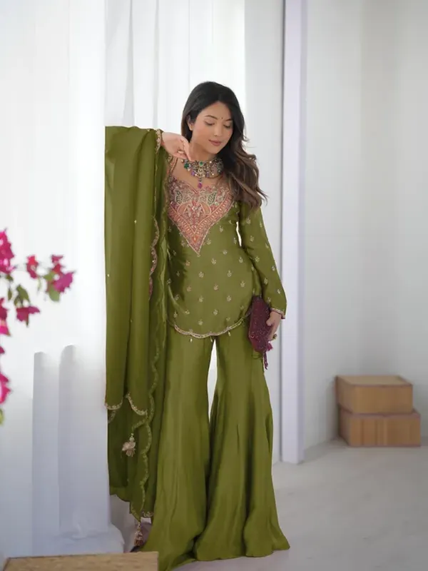 Olive_Green_Designer_Simar_Silk_Embroidered_Sharara_Set_With_Dupatta_For_Women