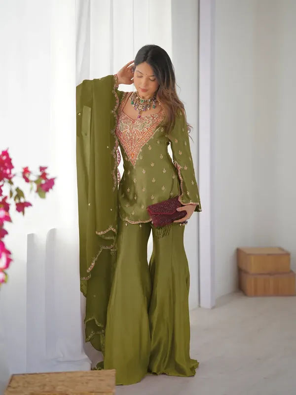Olive_Green_Designer_Simar_Silk_Embroidered_Sharara_Set_With_Dupatta_For_Women