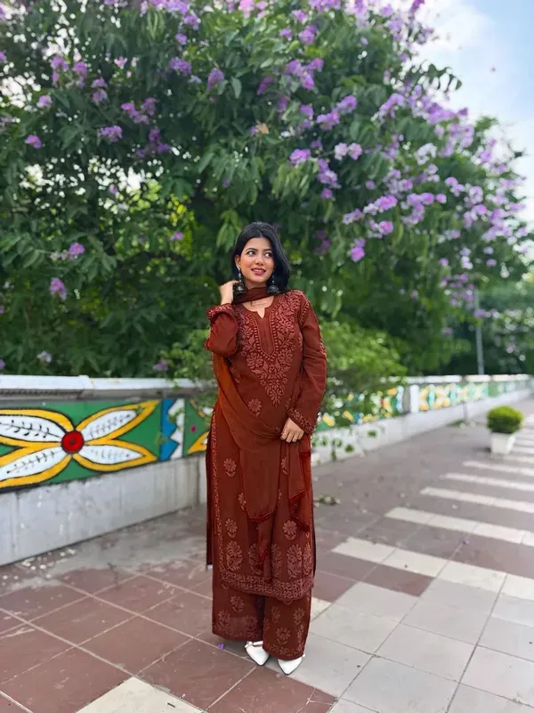 Rust_Georgette_Chikankari_Embroidery_Kurta_With_Pant_Dupatta_For_Women