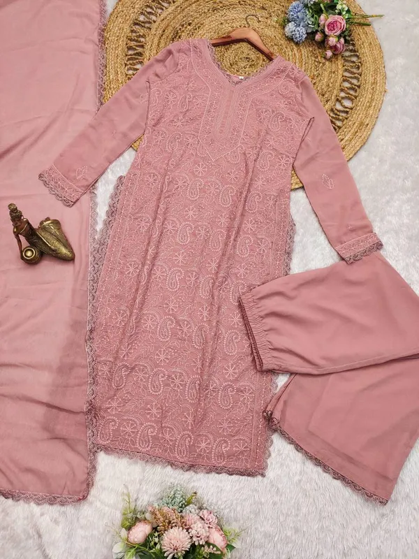 Pastel_Pink_Georgette_Chikankari_Embroidery_Kurta_With_Pant_Dupatta_For_Women
