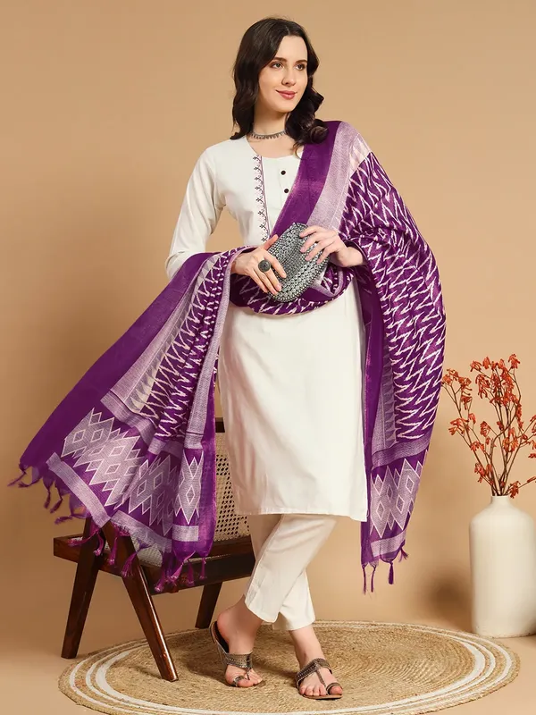 Ivory_Purple_Khadi_Cotton_Embroidered_Kurta_With_Pant_Dupatta_For_Women