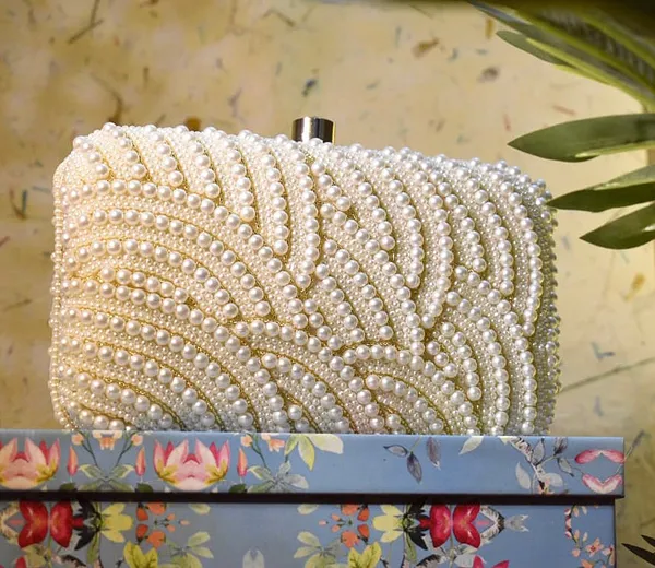 White_Silk_Base_And_Metal_Frame_And_Pearl_Work_Embroidered_Bag_For_Women