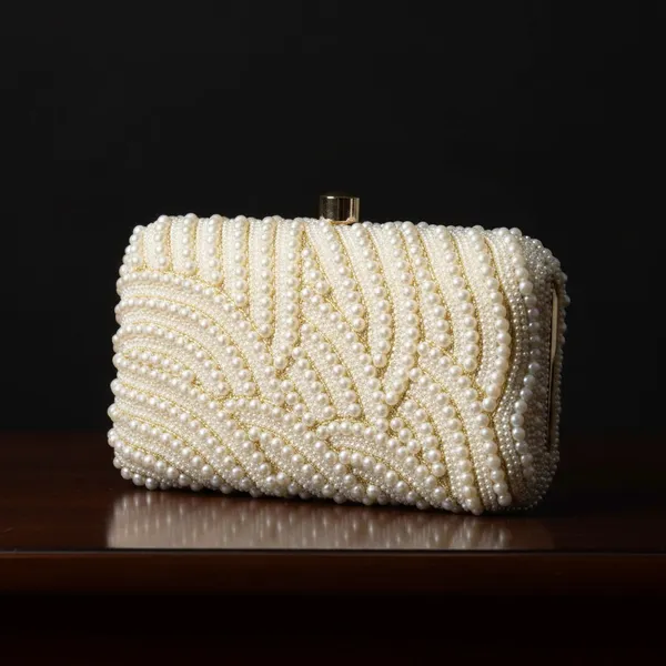 White_Silk_Base_And_Metal_Frame_And_Pearl_Work_Embroidered_Bag_For_Women
