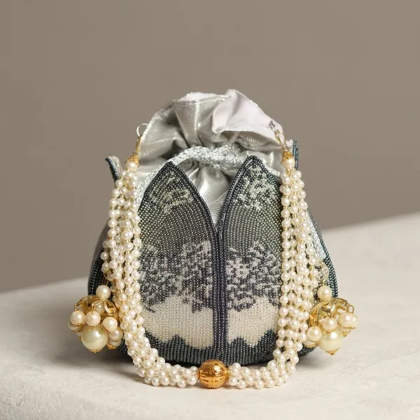 Grey_Silk_Base_And_Shimmer_Lining_And_Pearls_And_Beads_Work_Potli_Bag_For_Women