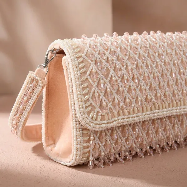 Peach_Velvet_Base_And_Glass_Beads_Work_Flap_Bag_For_Women