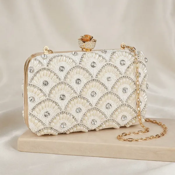White_Silk_Base_And_Metal_Frame_And_Pearl_Work_Embroidered_Bag_For_Women