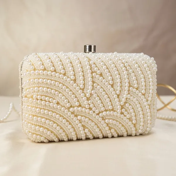 White_Silk_Base_And_Metal_Frame_And_Pearl_Work_Embroidered_Bag_For_Women