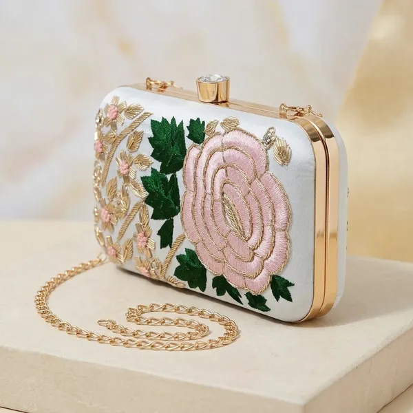 White_Silk_Base_And_Metal_Frame_And_Thread_And_Zardosi_Work_Embroidered_Bag_For_Women
