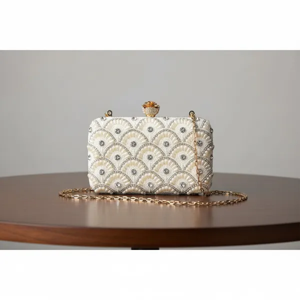 White_Silk_Base_And_Metal_Frame_And_Pearl_Work_Embroidered_Bag_For_Women