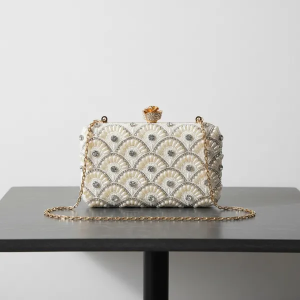 White_Silk_Base_And_Metal_Frame_And_Pearl_Work_Embroidered_Bag_For_Women