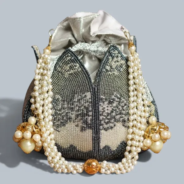 Grey_Silk_Base_And_Shimmer_Lining_And_Pearls_And_Beads_Work_Potli_Bag_For_Women