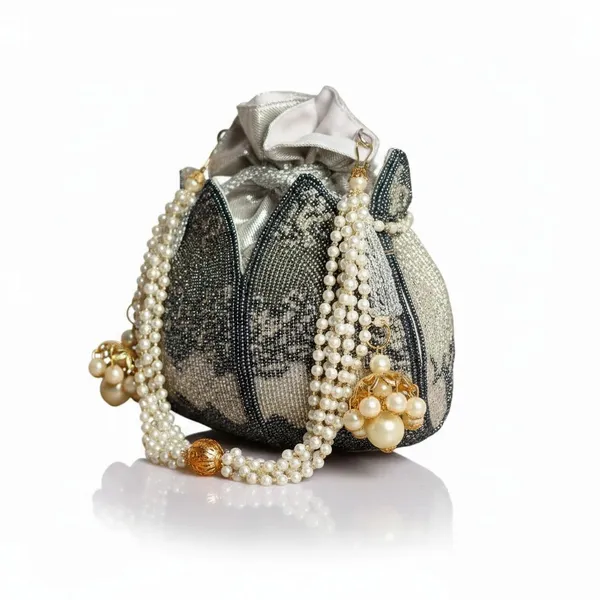 Grey_Silk_Base_And_Shimmer_Lining_And_Pearls_And_Beads_Work_Potli_Bag_For_Women