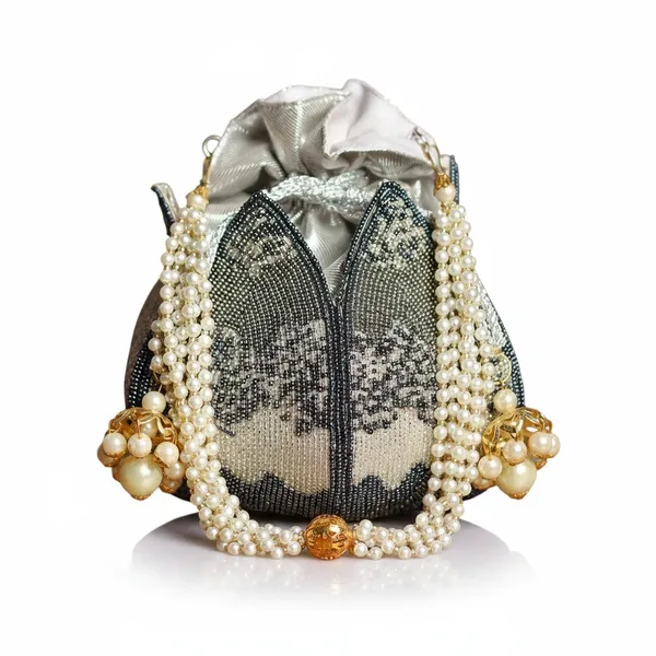 Grey_Silk_Base_And_Shimmer_Lining_And_Pearls_And_Beads_Work_Potli_Bag_For_Women