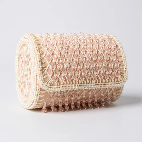 Peach_Velvet_Base_And_Glass_Beads_Work_Flap_Bag_For_Women