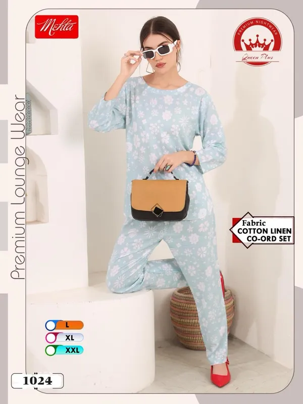 Light_Blue_Premium_Floral_Print_Lounge_Wear_Cotton_Linen_Co_Ord_Set_For_Women