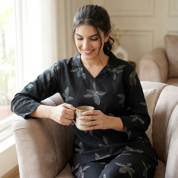 Black_Premium_Cotton_Linen_Butterfly_Print_Loungewear_Co_Ord_Set_For_Women