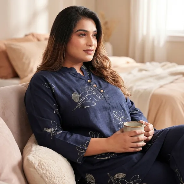 Black_Floral_Printed_Cotton_Linen_Loungewear_Set_For_Women