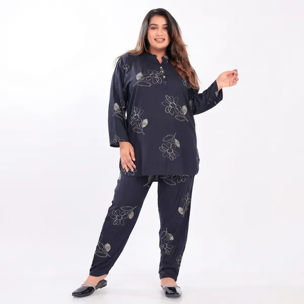 Black_Floral_Printed_Cotton_Linen_Loungewear_Set_For_Women