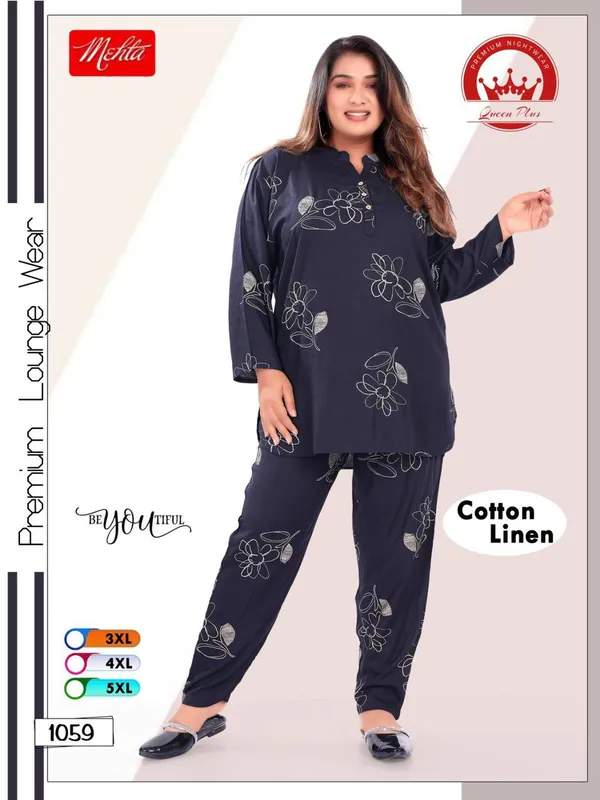 Black_Floral_Printed_Cotton_Linen_Loungewear_Set_For_Women