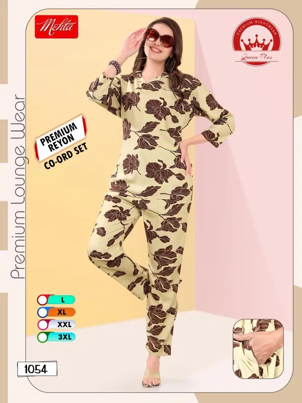 Yellow_And_Brown_Premium_Rayon_Floral_Print_Loungewear_Co_Ord_Set_For_Women
