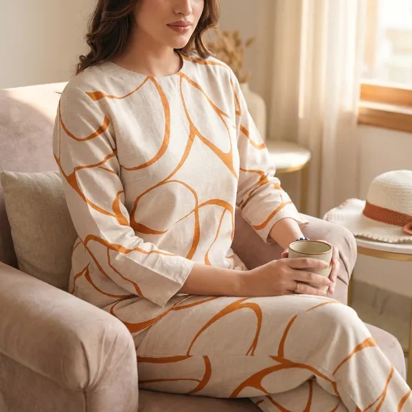 Off_White_And_Orange_Premium_Cotton_Chain_Print_Linen_Co_Ord_Set_For_Women