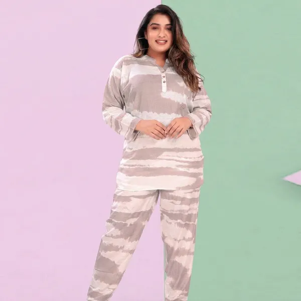 White_And_Purple_Premium_Cotton_Linen_Tie_Dye_Camouflage_Print_Loungewear_Set_For_Women