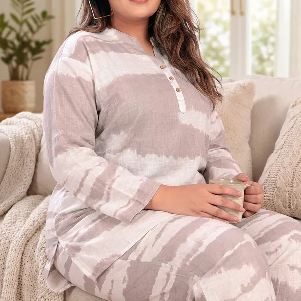 White_And_Purple_Premium_Cotton_Linen_Tie_Dye_Camouflage_Print_Loungewear_Set_For_Women