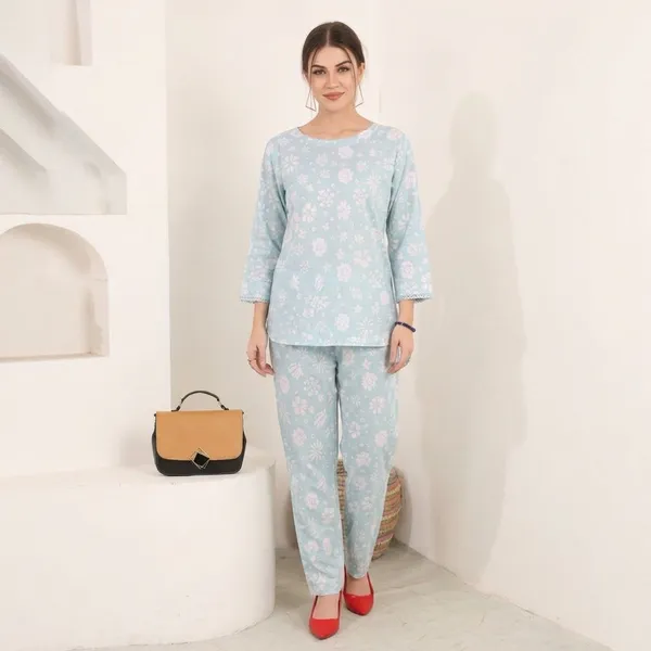 Light_Blue_Premium_Floral_Print_Lounge_Wear_Cotton_Linen_Co_Ord_Set_For_Women