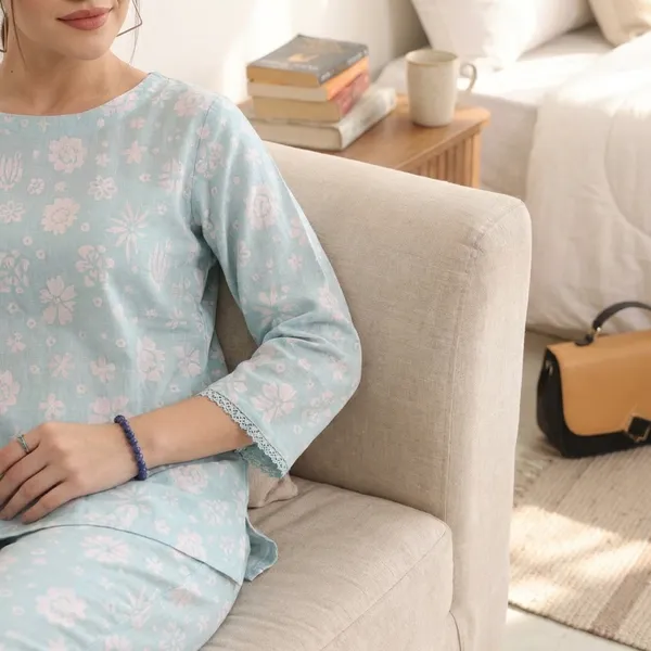 Light_Blue_Premium_Floral_Print_Lounge_Wear_Cotton_Linen_Co_Ord_Set_For_Women