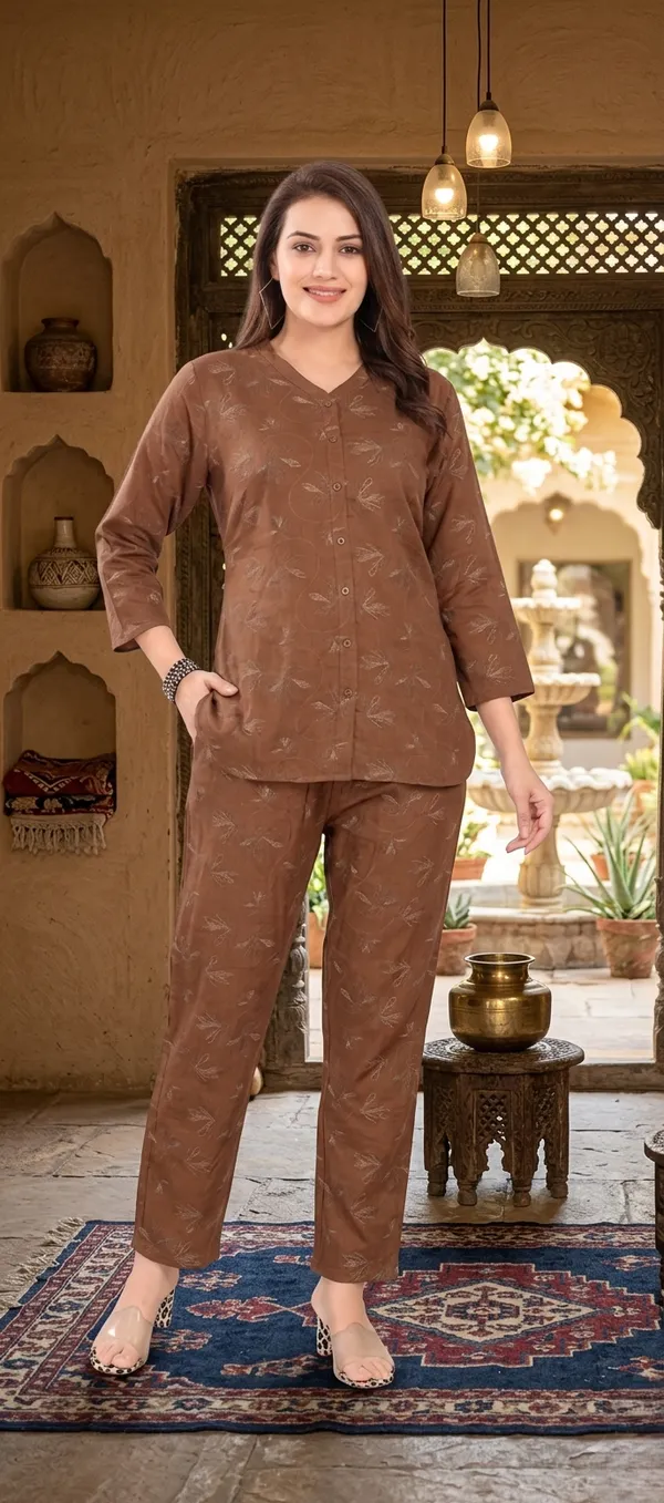 Brown_Premium_Cotton_Linen_Camouflage_Print_Loungewear_Co_Ord_Set_For_Women