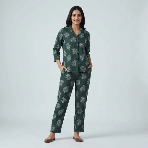Deep_Green_Camouflage_Print_Loungewear_Cotton_Linen_Co_Ord_Set_For_Women