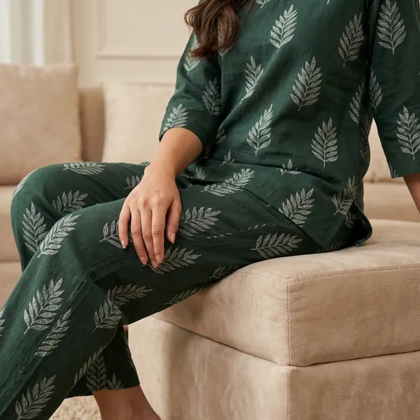 Deep_Green_Camouflage_Print_Loungewear_Cotton_Linen_Co_Ord_Set_For_Women