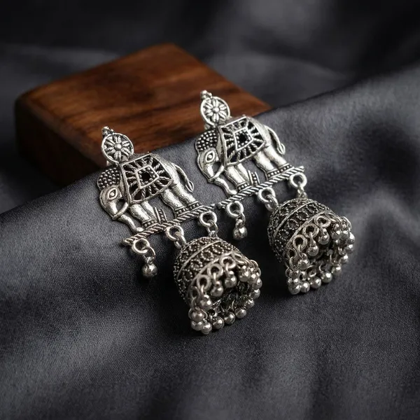Traditional_Silver_Toned_Brass_Elephant_Jhumka_Earrings_With_Chain_Design