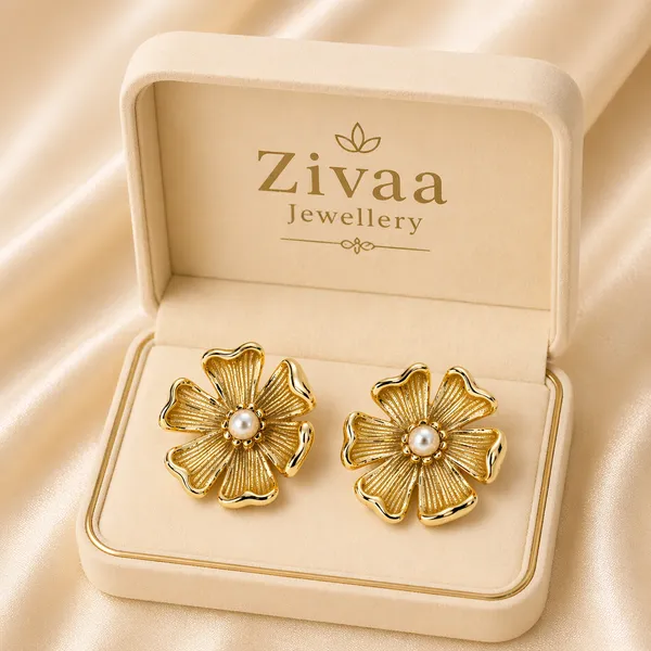 Gold_Toned_Brass_Flower_Stud_Earrings_With_Pearl_Centre